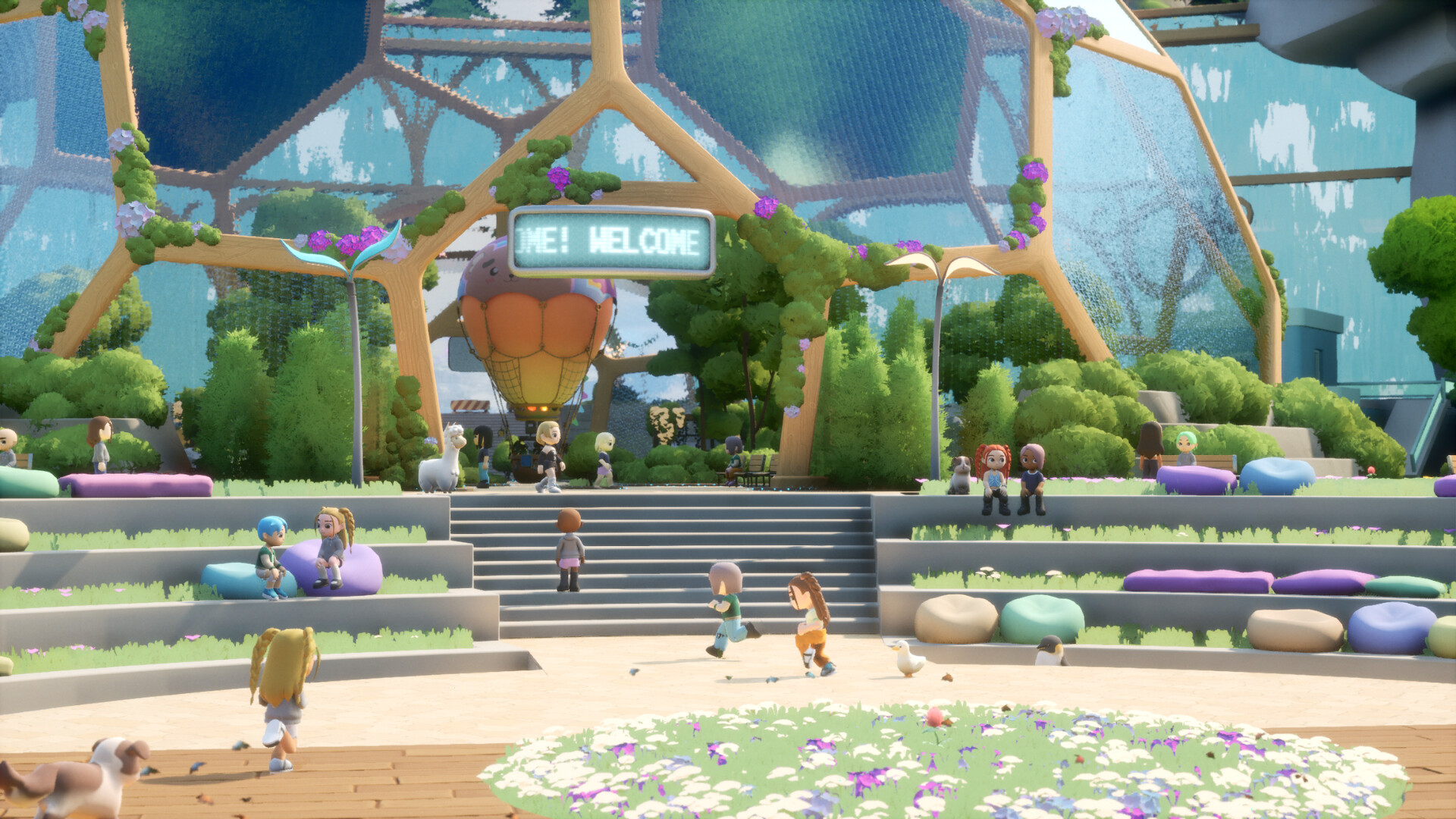 Players gathered on the plaza outside the Loftia City dome