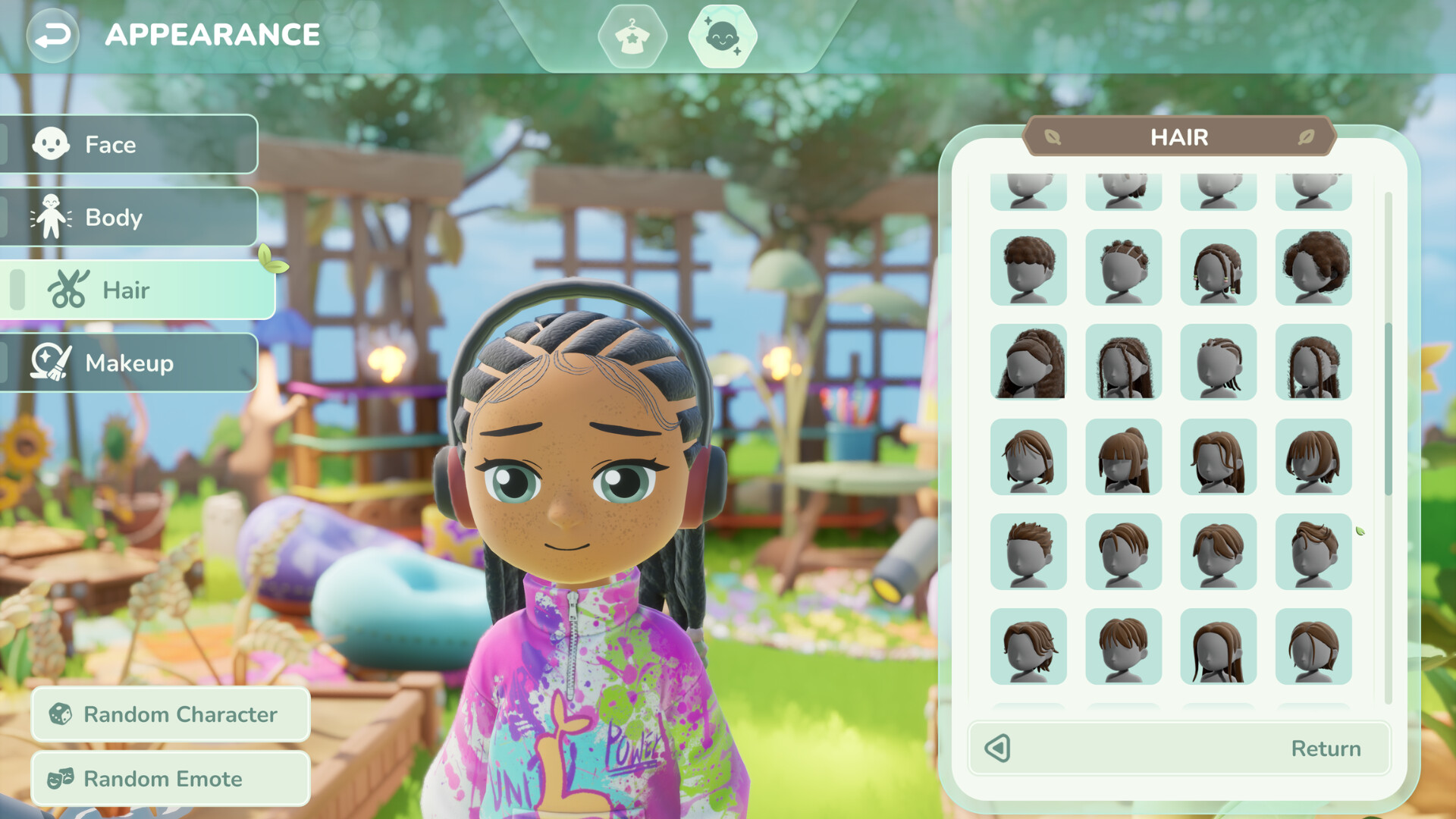 Character creation screen with hair and face options