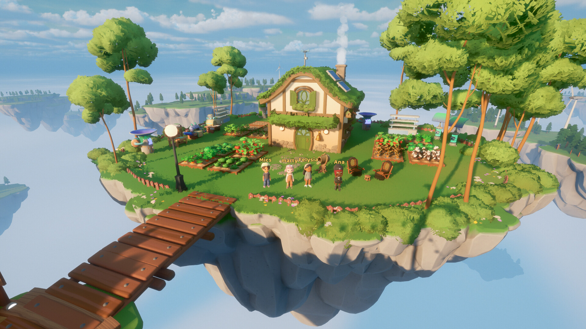 A floating island with a cottage and bridge