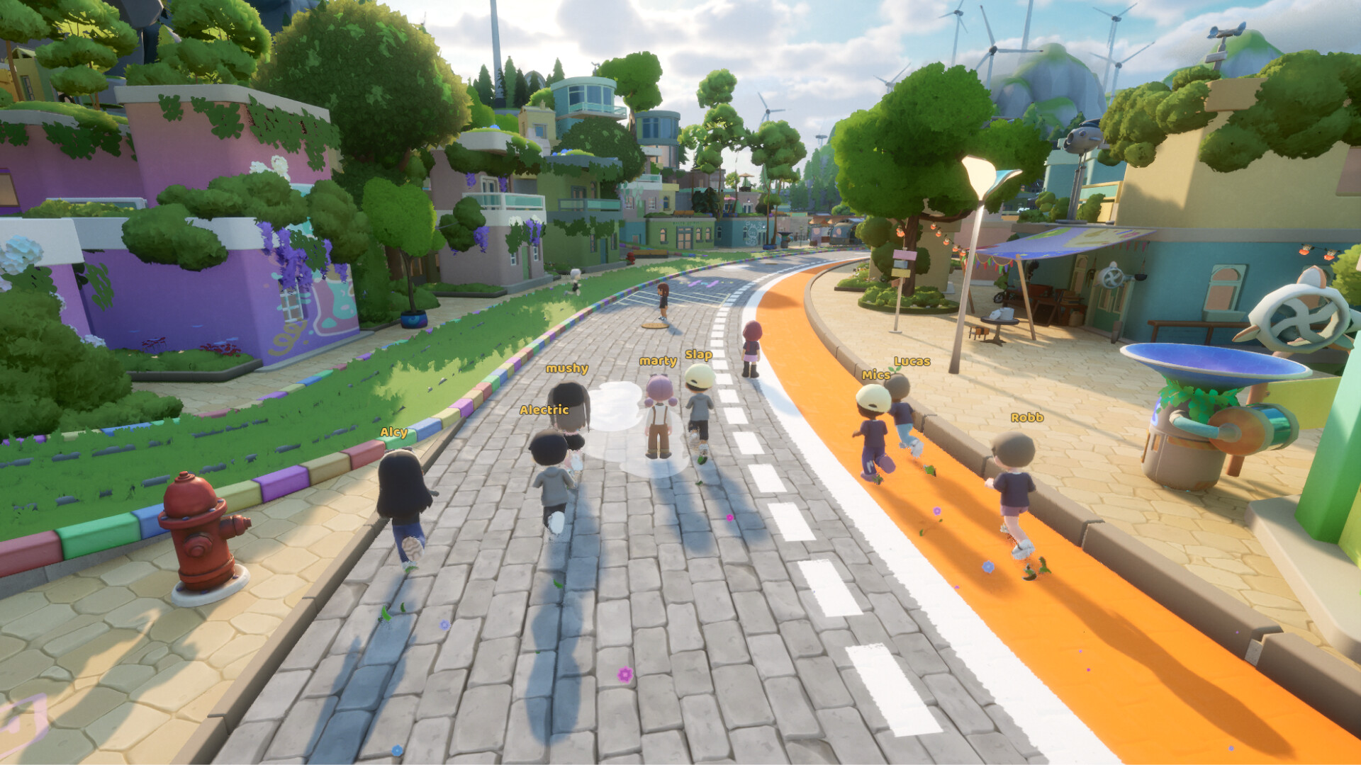 A cobbled street in Loftia with residents walking