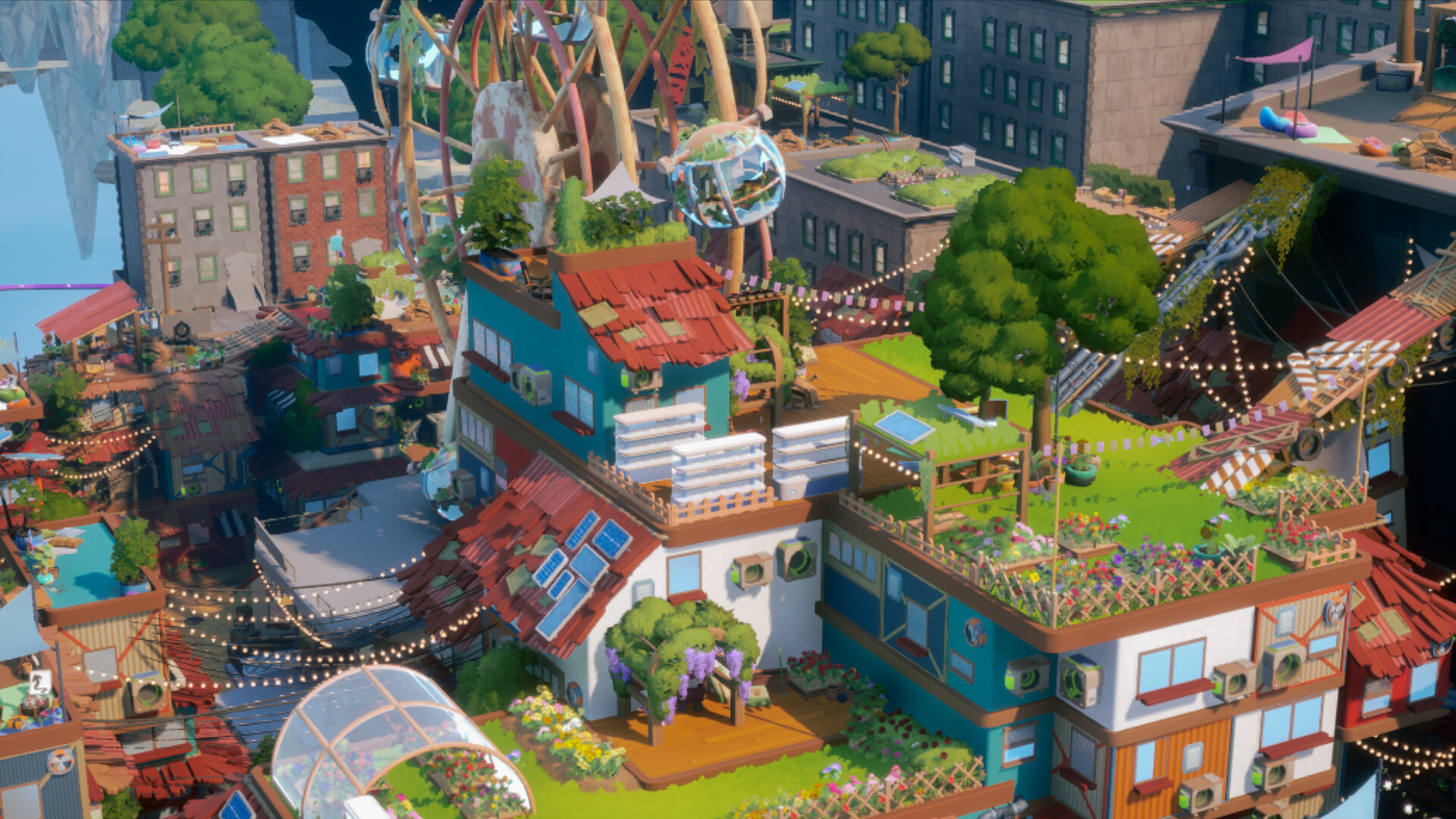 Stacked rooftops and bridges in the dense city district