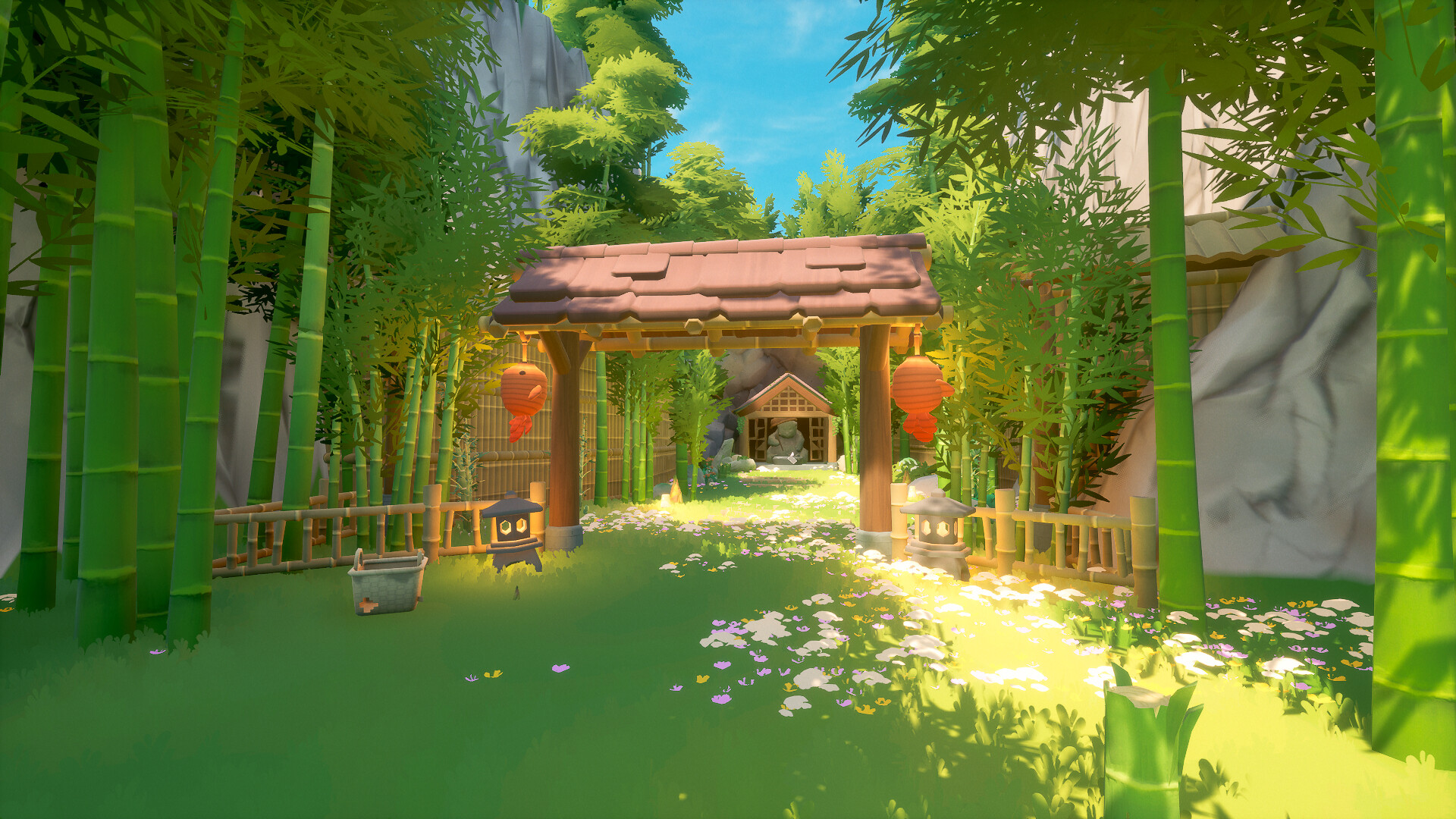A bamboo grove with a wooden gate and shrine