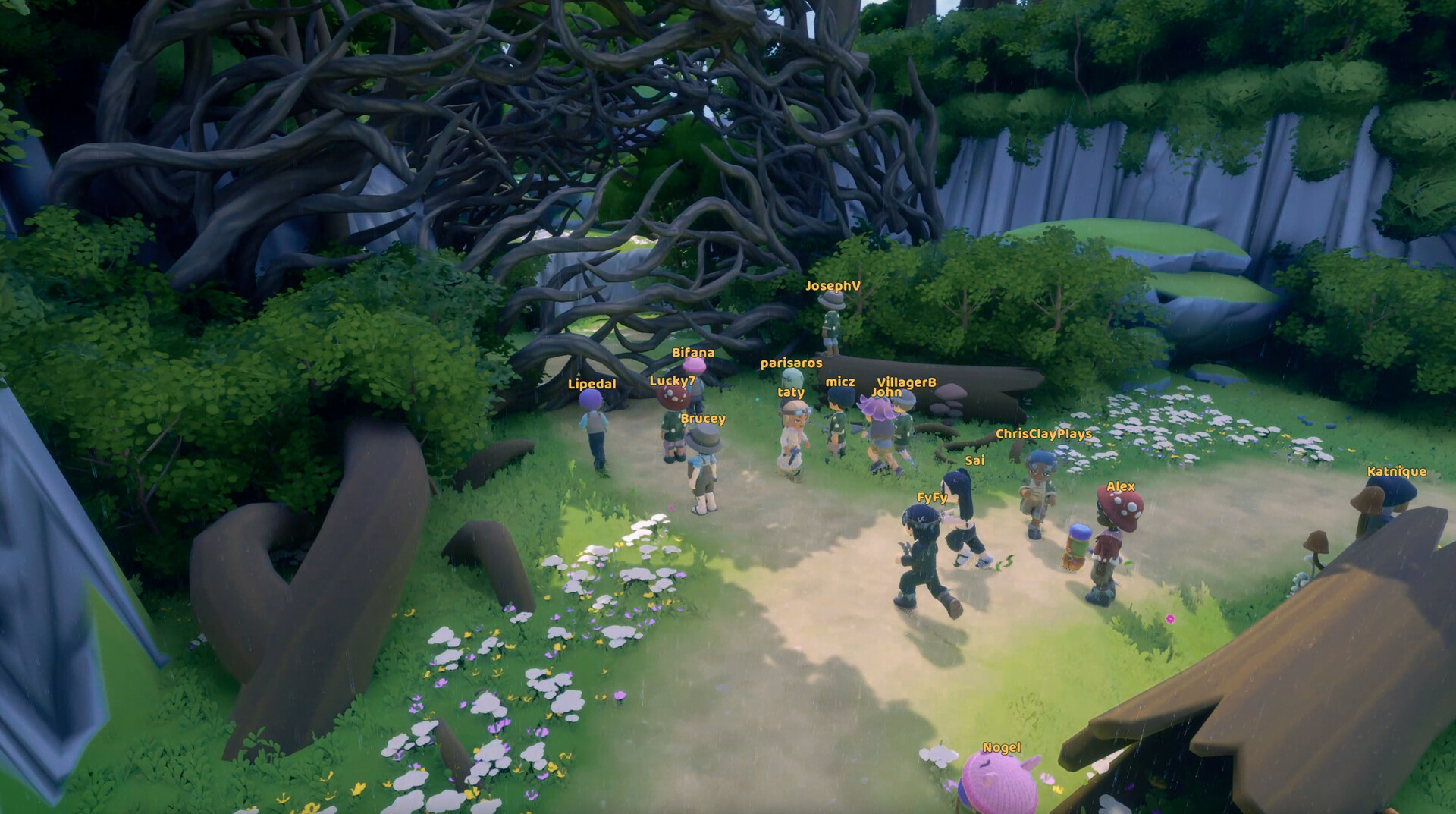 Players exploring dark wild terrain outside the city